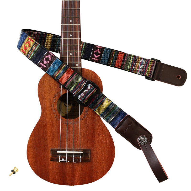 MUSIC FIRST Classic Country style Soft Yarn-dyed fabric & Genuine Leather Ukulele Strap Ukulele Shoulder Strap Version 2.0 With a MUSIC FIRST Genuine Leather Str. Locker - Image 1